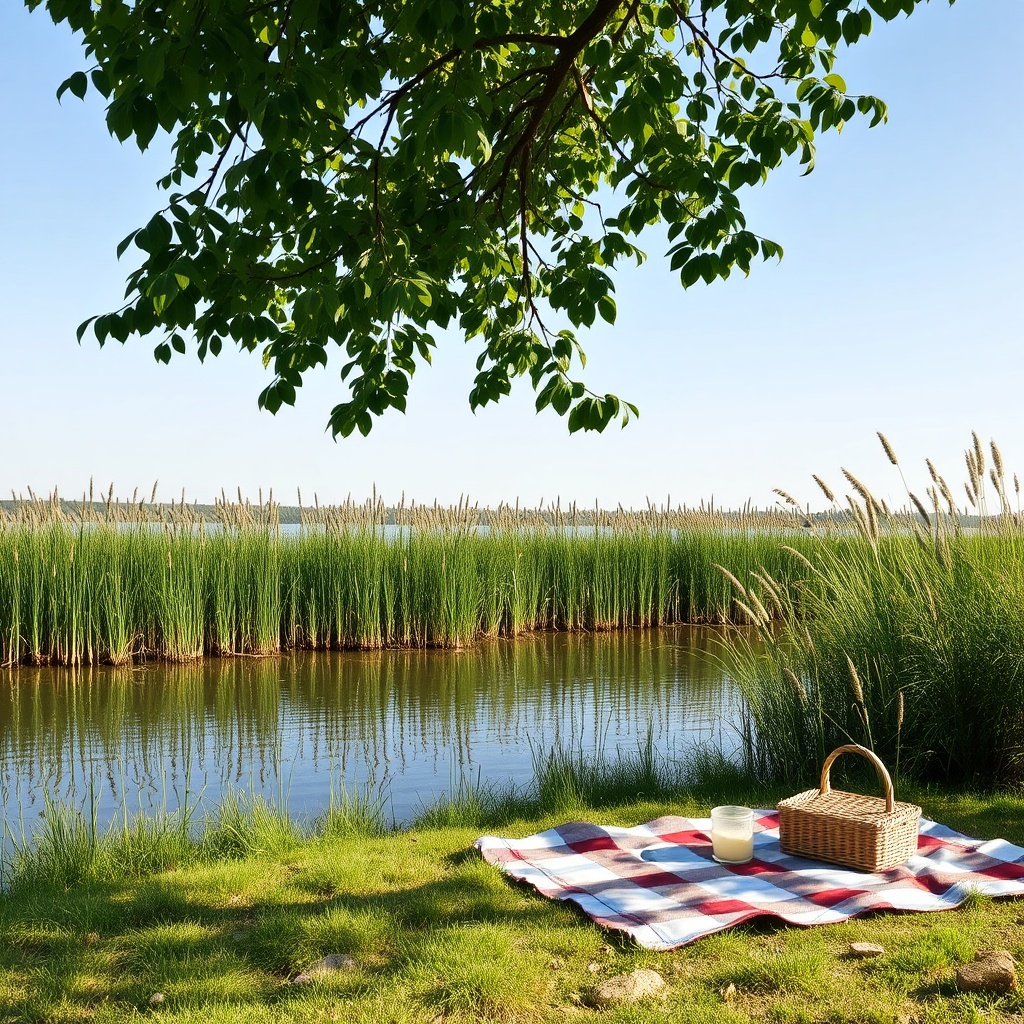 Summer lakeside with grasses and shaded picnic spot