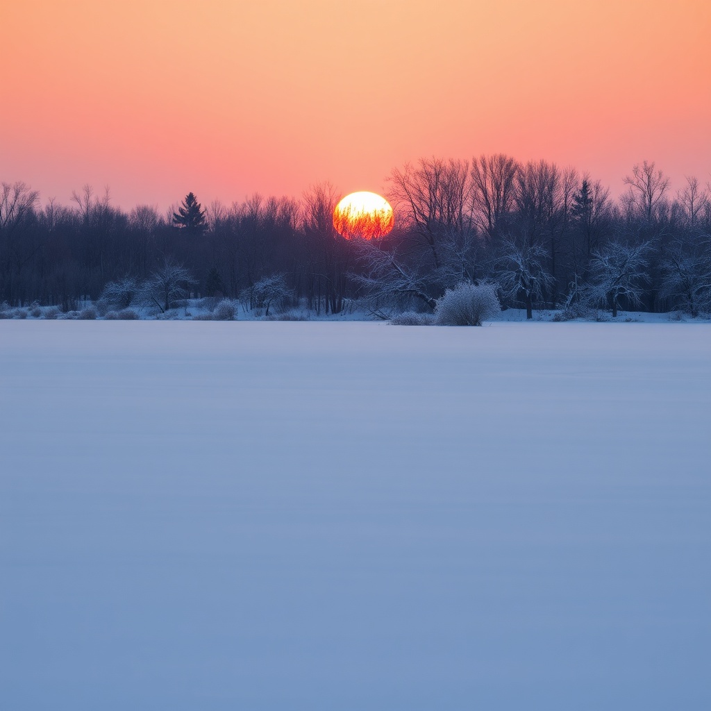 Winter lake at sunrise with snow-dusted trees