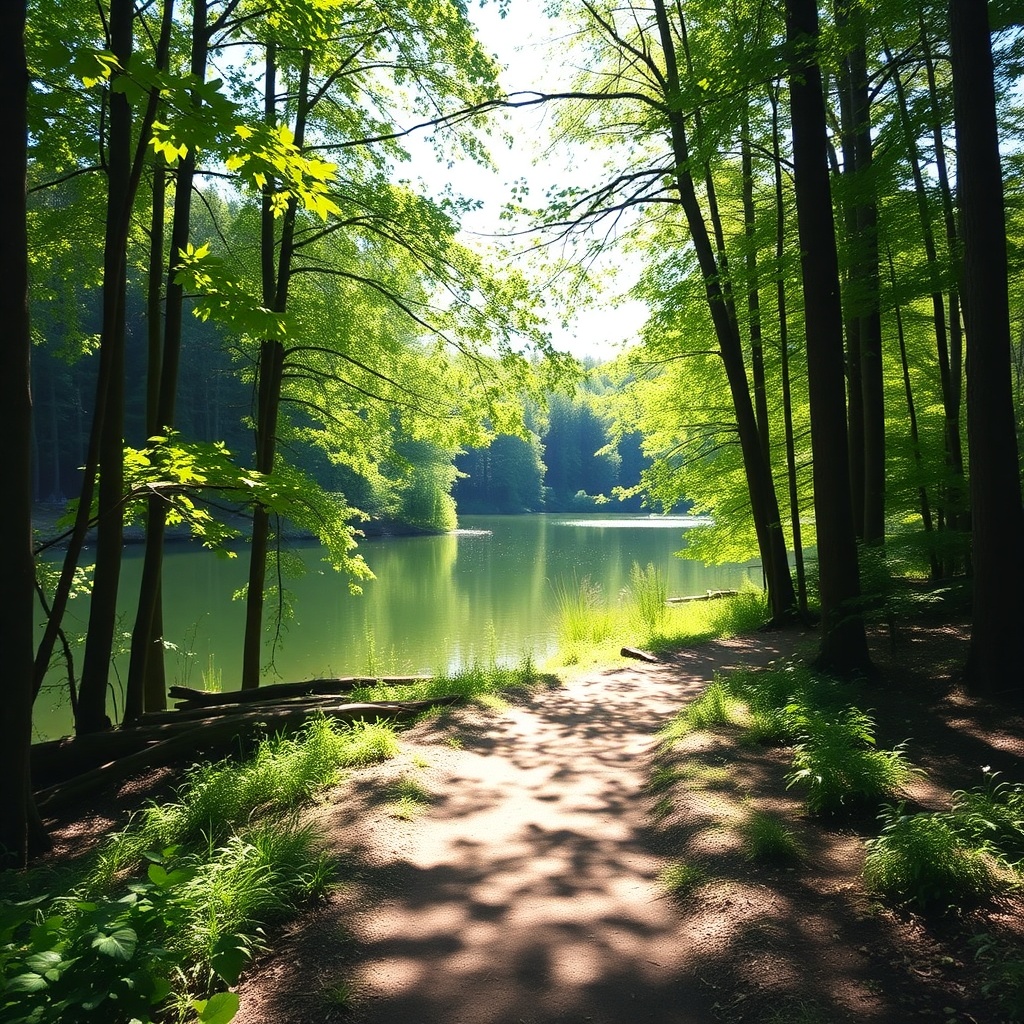 Summer forest trail by a lake