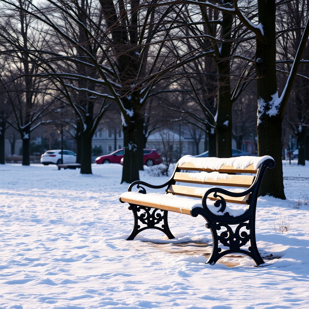 Snow-covered park bench in winter
