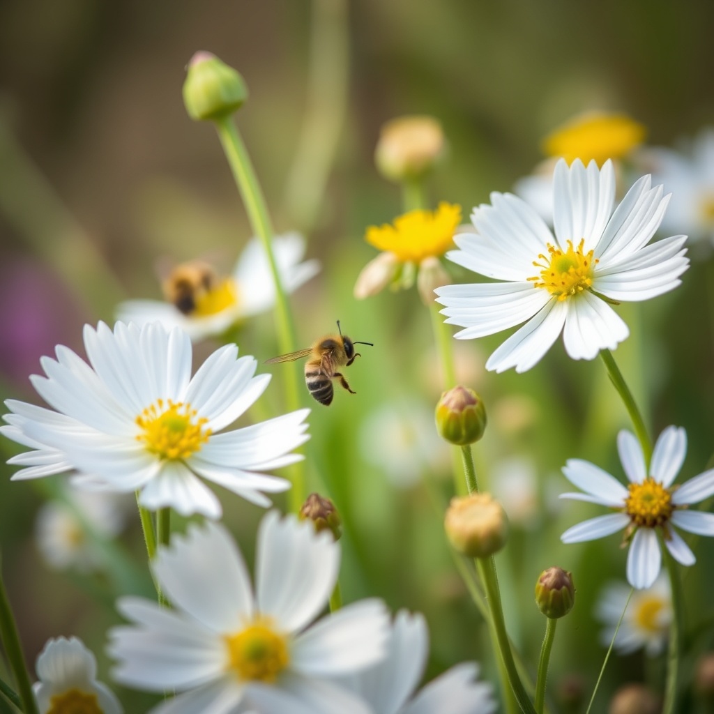 Spring wildflowers and bees in a meadow