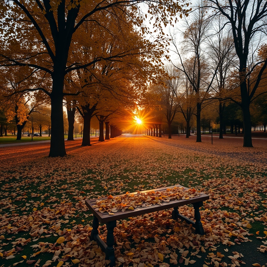 Autumn park bench amid fall leaves