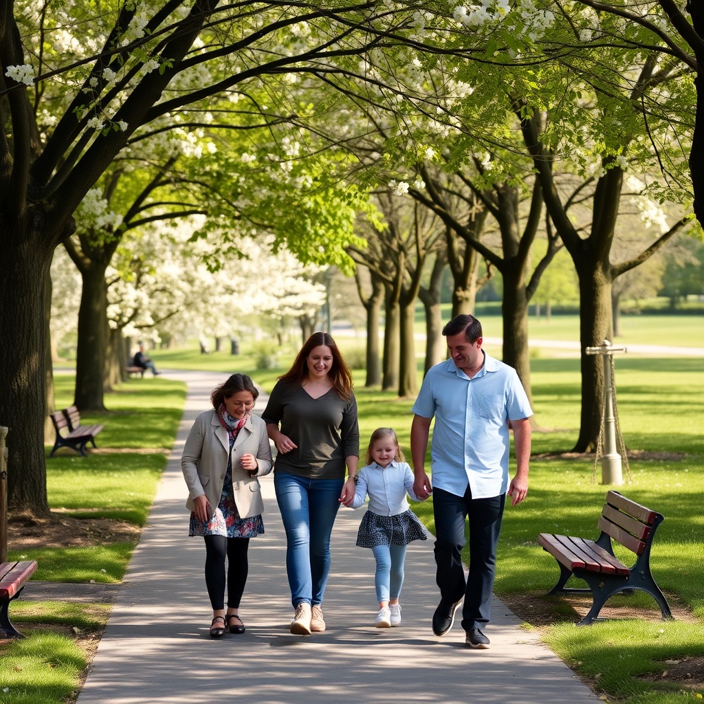 People strolling in a city park with blooming trees