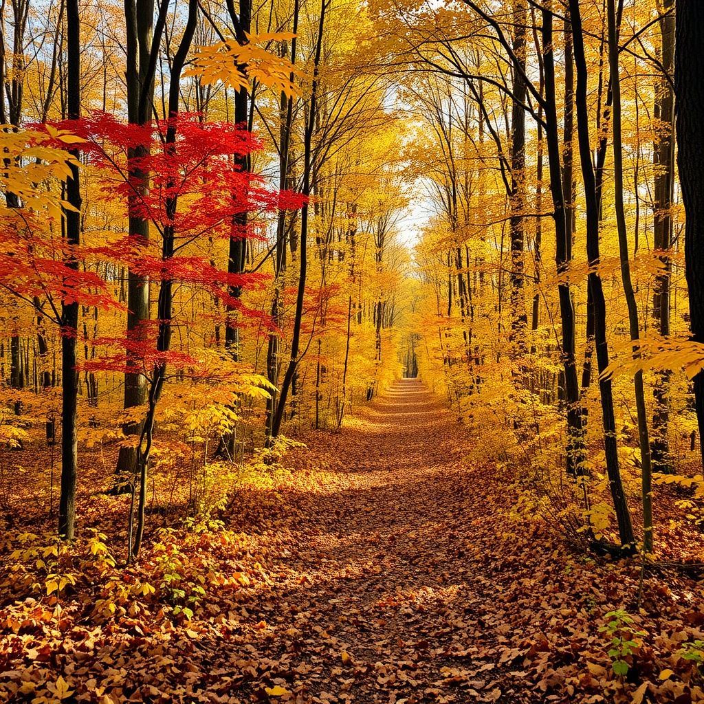 Forest trail with autumn leaves