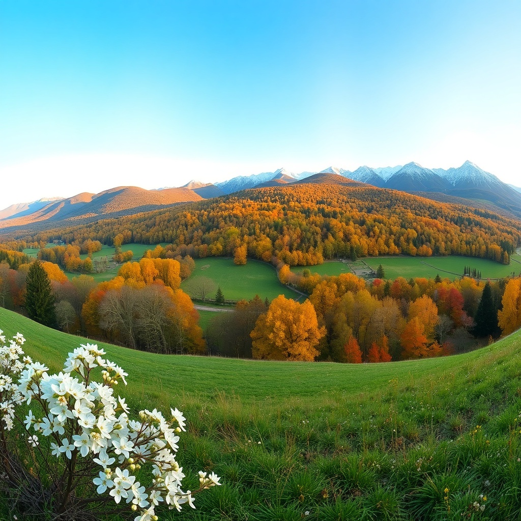 Panoramic seasonal landscape blending spring, summer, autumn, and winter