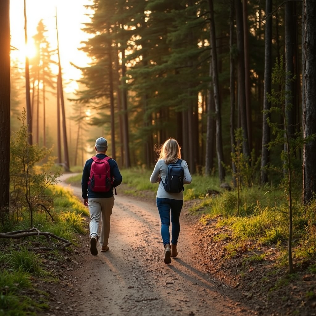 Leisurely forest hike during golden hour