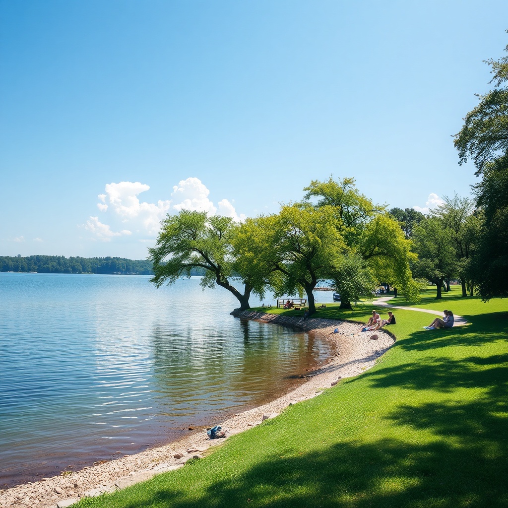 Calm lake shore with shaded picnic area in summer