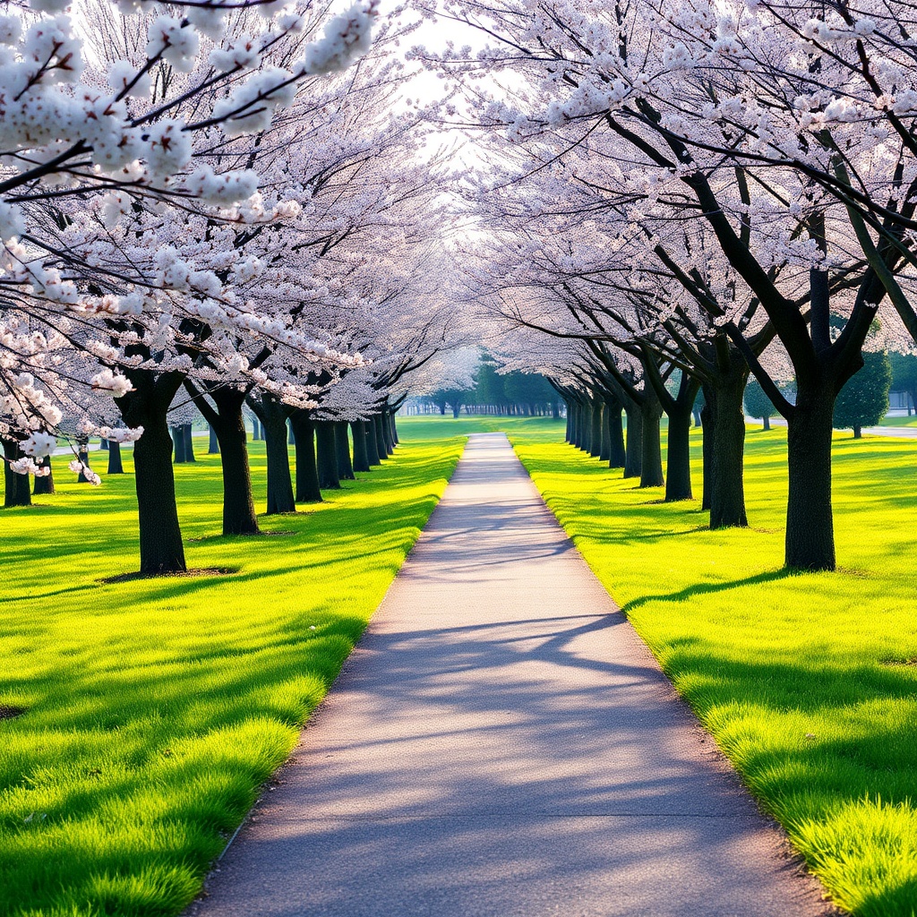 Park path with cherry blossoms in spring
