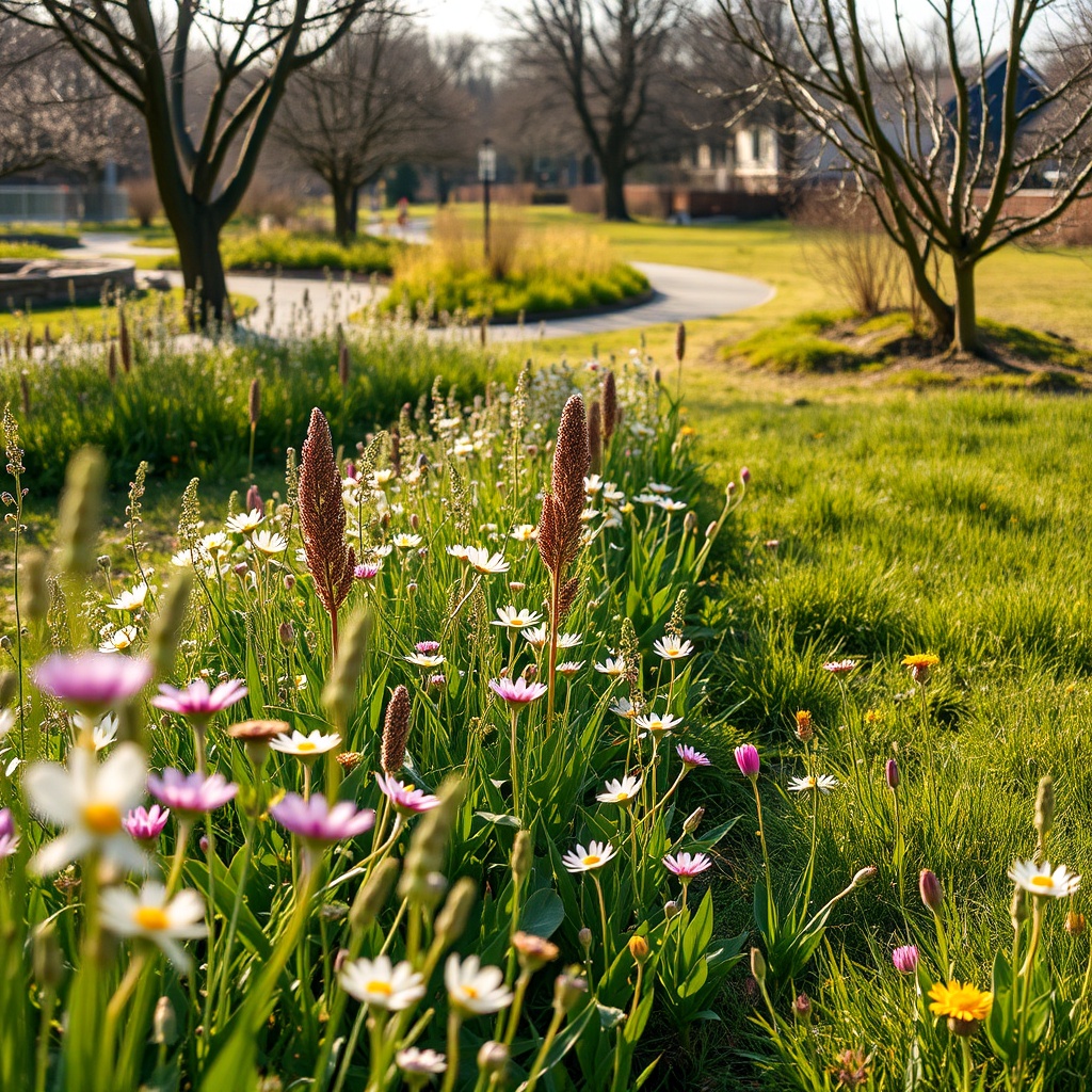 Spring wildflower meadow with garden path
