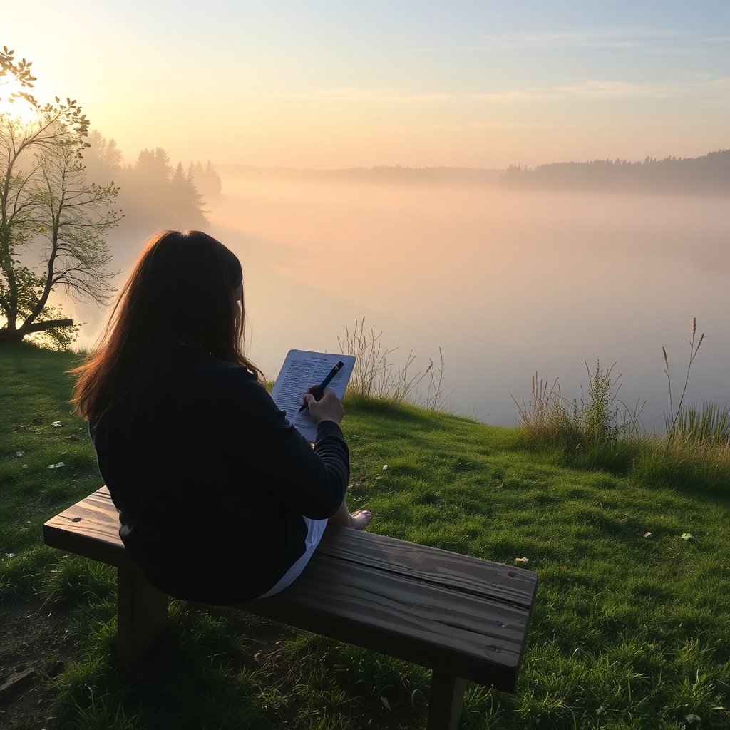 Journaling by a misty lake at sunrise